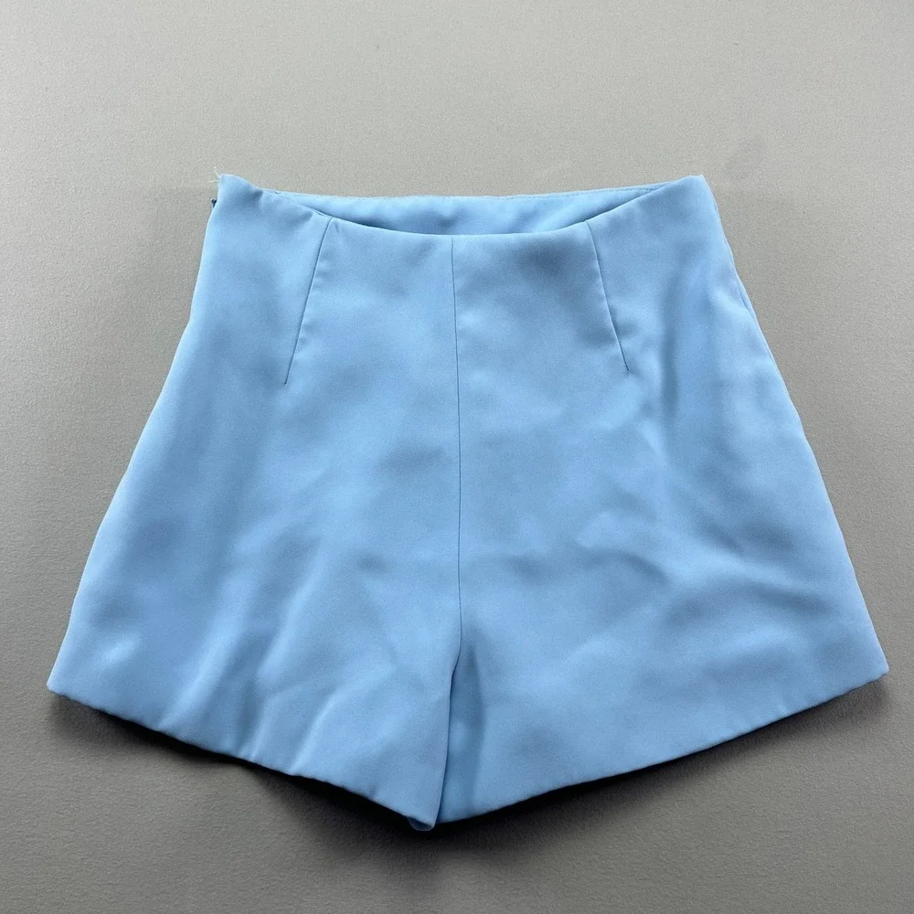 Zara High Waisted Shorts Womens XS Light Blue Side Zip Modern Minimalist Casual